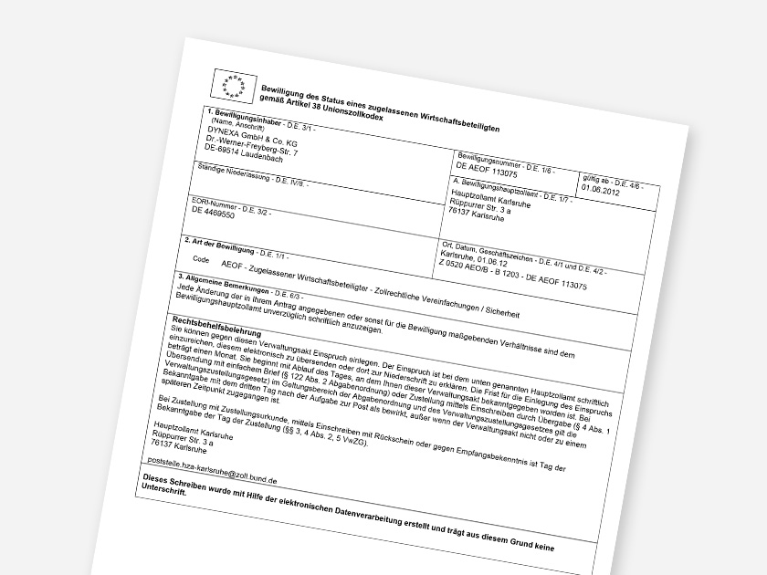 AEO-F Bescheinigung– Zugelassener Wirtschaftsbeteiligter
